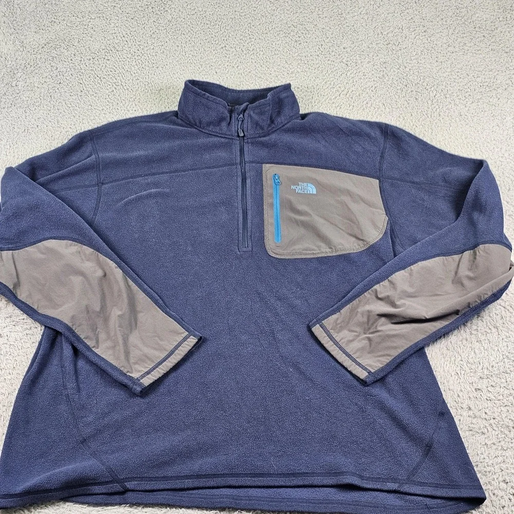 North Face Sweater Mens XL Blue‎ Gray Fleece Quarter Zip Pullover Chest Pocket